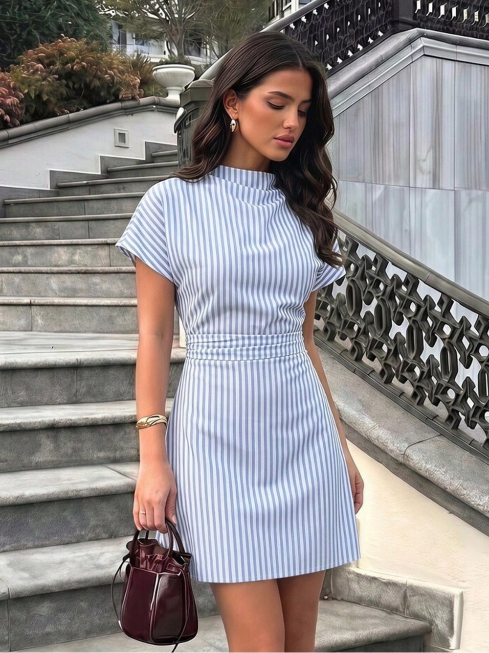 Firerie Women's Elegant Vacation Casual Commute Striped Stand Collar Pleated